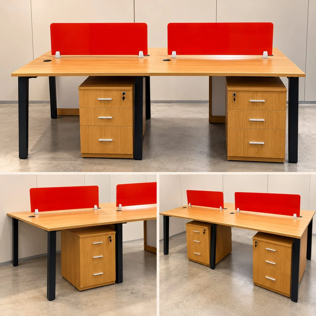 Workstations with red screens and wooden mobile pedestals